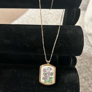 Purple Violets Floral Porcelain Pendant Necklace, 1980 Floral Heritage Avon, Feb